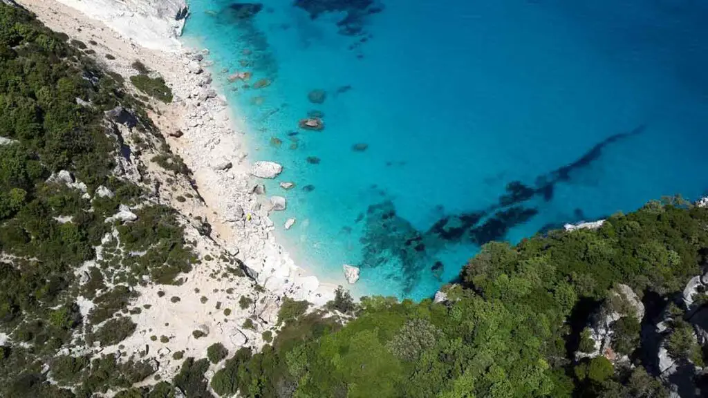 A secluded beach bordered by lush green vegetation. The photo has been taken from above.