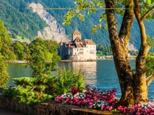 A castle on the shore of a lake seen from the shore in front, through trees, and flowers. Behind the castle there is the slop of a mountain, covered with green trees.