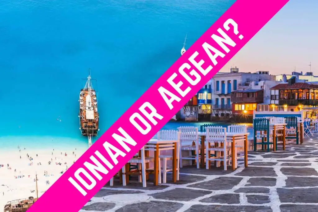 A photo comparing the two destinations. One shows a blue beach with a ship on it. The other one shows tables by the side of the water at dusk. In the middle there is a pink band with Ionian or Aegean? on it written in white.