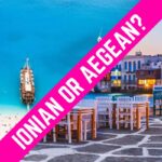 A photo comparing the two destinations. One shows a blue beach with a ship on it. The other one shows tables by the side of the water at dusk. In the middle there is a pink band with Ionian or Aegean? on it written in white.