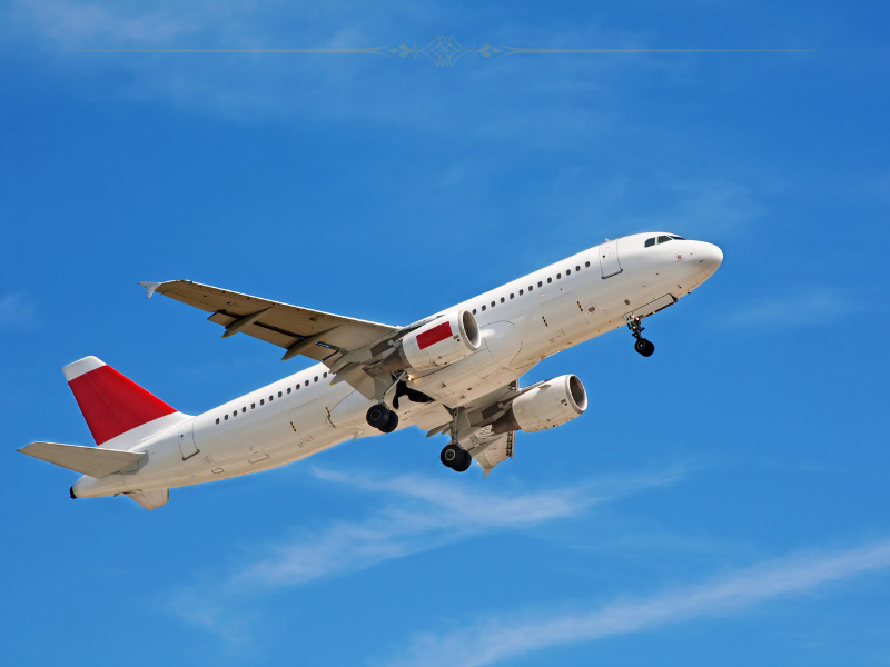 A plane with a red tail flying over a blue sky.