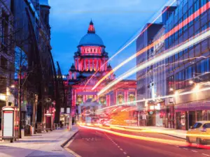 A photo of Belfast by night, with long exposure on lights.