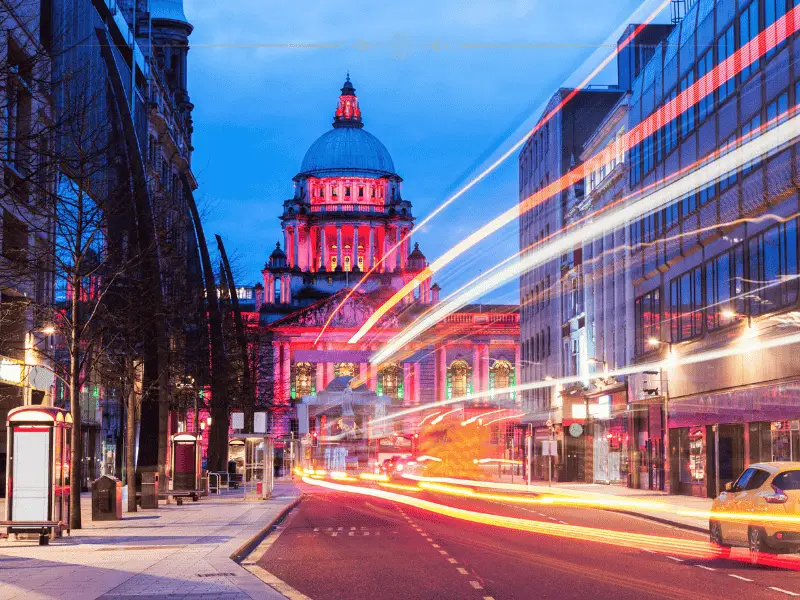A photo of Belfast by night, with long exposure on lights.