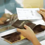 A close-up of a hand holding a passport and another one holding a boarding pass.