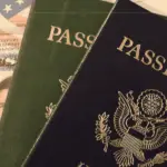 Two passports next to each other, one green and one blue