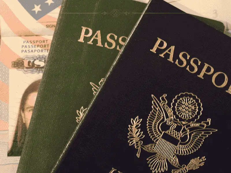Two passports next to each other, one green and one blue