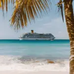 A cruise ship seen from the beach, from under a palm tree.