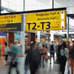 Blurred people walking through an airport.