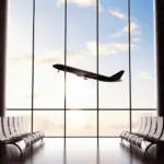 A plane seen taking off from the large windows of an airport.