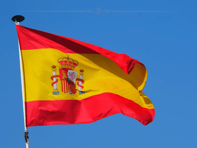 The flag of Spain over a blue sky bakground