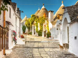 A cobbled street between trulli in Alberobello, which are decorated with red Christmas flowers.