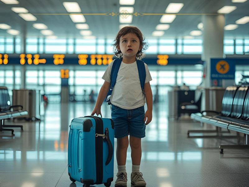 A child wearing a white tshirt and blue shorts, with a blue suitcase next to him, alone in the airport.