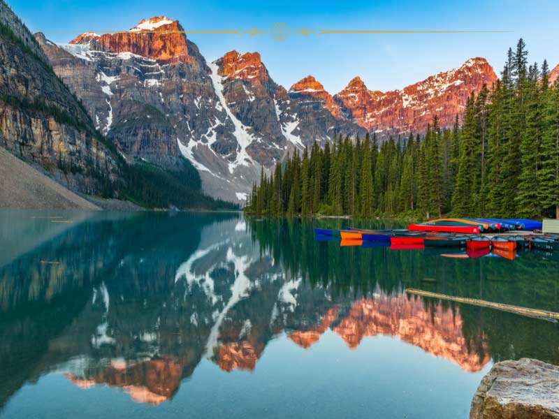 A mountain and lake scenery in Canada, just before sunset.