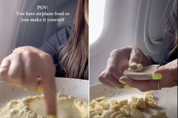 A screenshot from a video of a woman making pasta on a plane