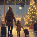Expert Strategies for Helping Anxious Children Travel When Holiday Trips Trigger Fears A cartoon of a parent holding a child's hand, both having travel bags, at an airport near a Christmas tree.