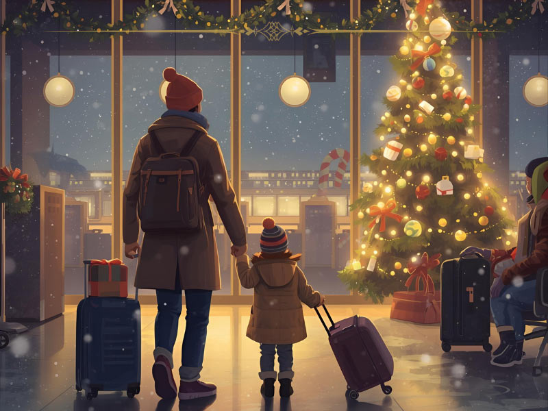A cartoon of a parent holding a child's hand, both having travel bags, at an airport near a Christmas tree.