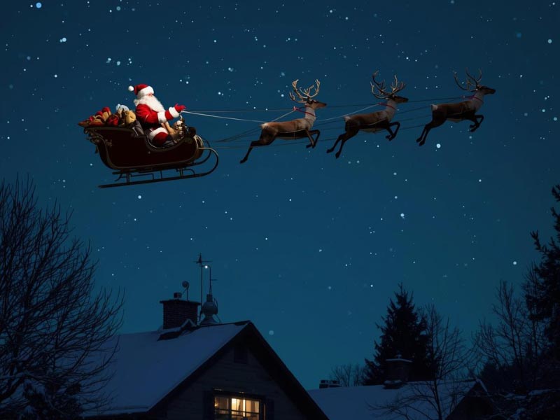 Santa flying over houses covered with snow, at night