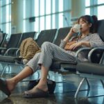 Major Florida Airport Shames Scruffy Passengers and Banns Pajamas and Crocs in the Terminal A woman wearing a pajama, leaning on a chair at the airport, drinking a cup of tea