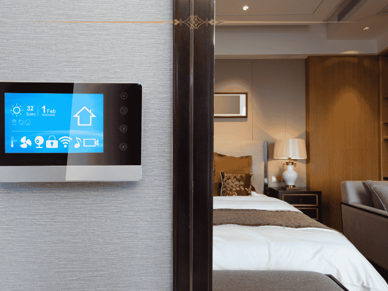 A room with a smart screen that controls all the tech